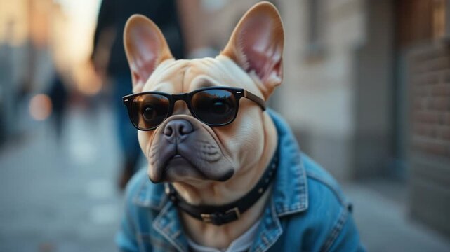 Stylish French Bulldog in Denim Jacket and Sunglasses Walking on City Street