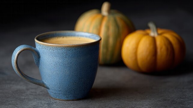 Cozy latte mug beside rustic pumpkins, evoking Samhain whispers and autumnal equinox celebrations amidst misty twilight gatherings