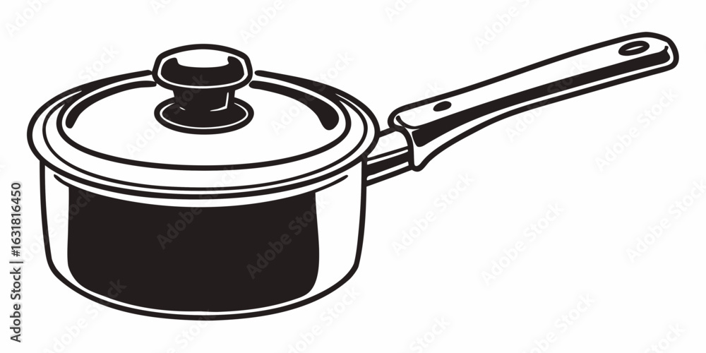 Poster illustration of a covered saucepan with a long handle in a black and white color scheme design style