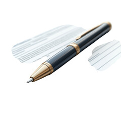 Elegant ballpoint pen with gold accents on document, symbolizing signature, agreement on transparent background