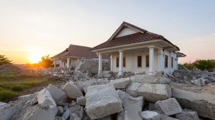 Crumbling homes in twilight's glow, a testament to nature's untamed artistry, echoing seismic resilience and Restoration Day