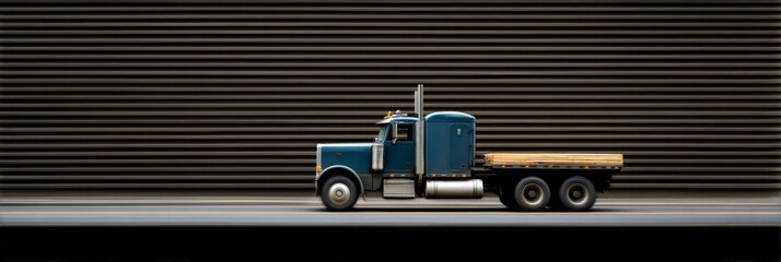 Blue truck silhouetted against industrial corrugated shadows, symbolizing Nomadic Trucker Day and the poetry of long-haul journeys