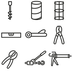 Fototapeta premium Streetlight Installation Tools Icons. Line style icons of Streetlight Installation Tools: auger drill, concrete form tube, rebar