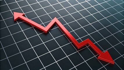 3D red jagged line graph descending on black grid background with downward arrow. Symbolizes stock market crash, financial loss, or economic decline in a clean, serious design.