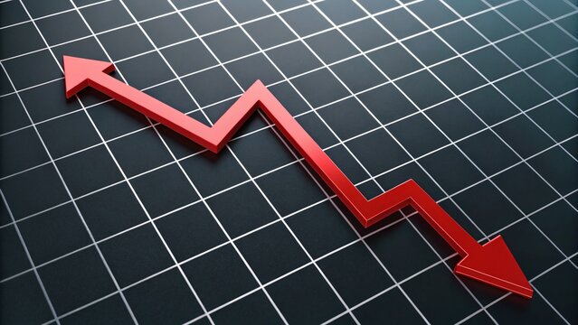 3D red jagged line graph descending on black grid background with downward arrow. Symbolizes stock market crash, financial loss, or economic decline in a clean, serious design. - Powered by Adobe