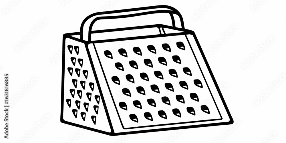 Poster a black and white illustration of a box grater with a handle and multiple grating surfaces shown