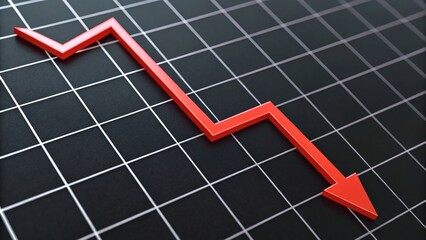 3D red jagged line graph descending on black grid background with downward arrow. Symbolizes stock market crash, financial loss, or economic decline in a clean, serious design.