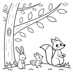 Drawing to paint cute animals coloring page, forest animals outline drawing, woodland animals line art for vector illustration
