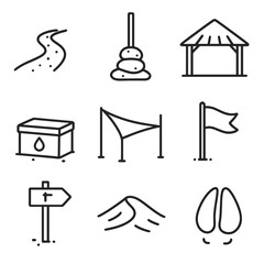 Desert Pathway Icons. Line style icons of Desert Sand Paths: compact sand track, cairn pole, shaded rest hut, water stash box, sun