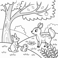 Drawing to paint cute animals coloring page, forest animals outline drawing, woodland animals line art for vector illustration