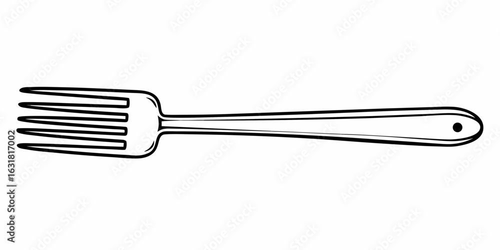 Poster illustration of a four pronged fork with a simple handle and a small hole at the end of the handle