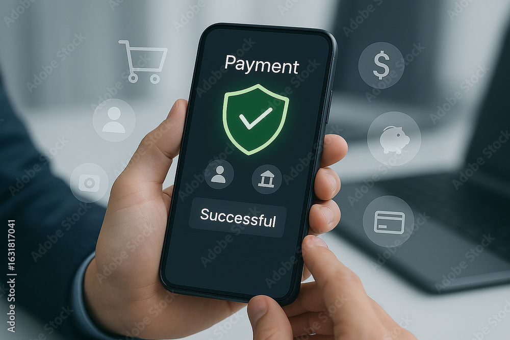 Poster close up of a hand holding a smartphone displaying a successful payment confirmation with security i
