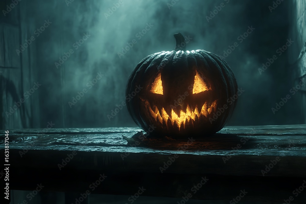 Aufkleber glowing pumpkin with a menacing grin placed on a rustic table, deep shadows and fog filling the atmo