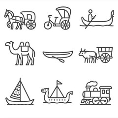 Cultural Transport Icons. Line style icons of traditional and cultural transport: horse carriage, rickshaw, gondola boat, camel
