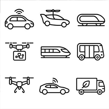 Future Transport Icons. Line style icons of future transportation concepts: autonomous vehicle, flying car, hyperloop pod, AI