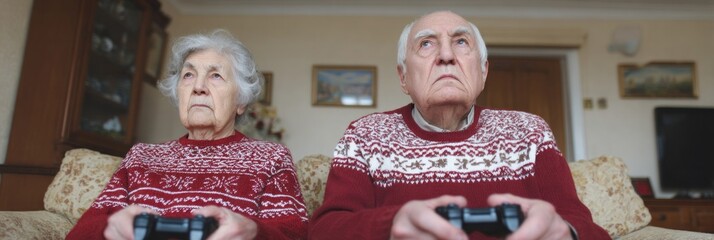 Elderly Caucasian couple intensely gaming, festive sweaters mirroring competitive Yuletide spirit, intergenerational tech adventure, Unplugged Family Challenge