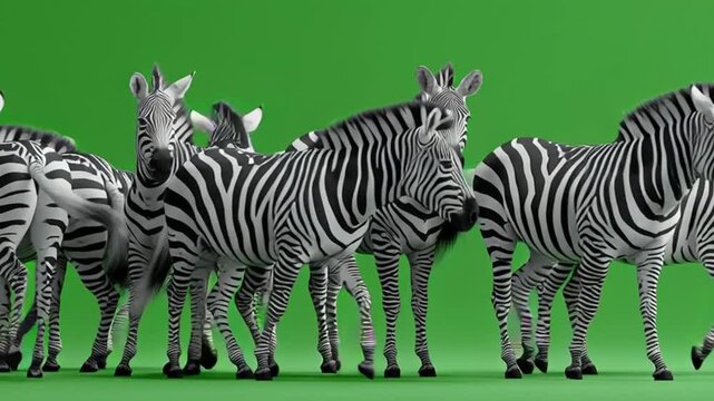 A group of zebras standing together on a green background looking at the camera directly ahead green screen animal video