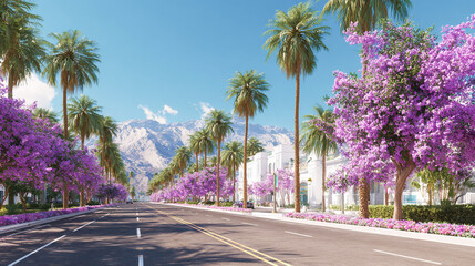 Obraz premium A city street with palm trees and purple flowers lining the sides, a blue sky, and mountains in the background