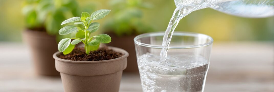 Pouring sparkling elixir beside thriving mint, celebrating World Water Day and Earth Day, sustainable hydration meets herbal harmony