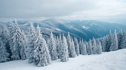 Obraz premium Towering snow-draped firs whisper secrets of Solstice Eve, invoking winter's magic in a frosted forest tableau