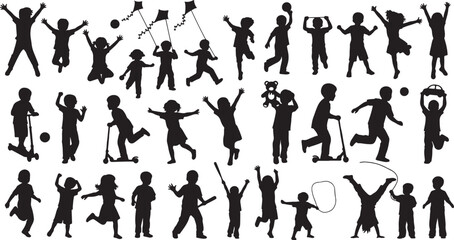 Naklejka premium Children playing with kites balls scooters and toys, children, playing, kites, balls, scooters, teddy bear, jump rope, cartwheel, outdoor activities, silhouettes, black and white, vector art, childhoo