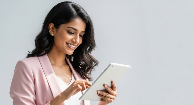 Young indian business woman using tablet in modern office setting with natural light and a confident expression