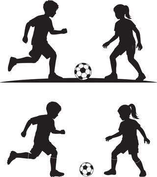 Children playing soccer silhouettes sport activity, children, soccer, playing, sport, activity, black and white, silhouette, outdoor, kids, team, game, fun, active, young, athletes, ball, running, kic