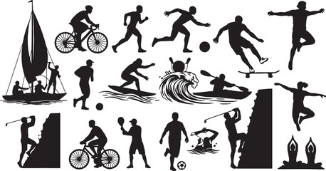 Obraz premium Diverse athletes engaged in various sports and activities, sailing, cycling, running, soccer, surfing, kayaking, skateboarding, golf, swimming, rock climbing, yoga, sports, athletes, action, silhouett