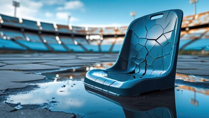 abandoned stadium view. A cracked blue stadium seat sits in a flooded arena, reflecting the empty stands and cloudy sky, highlighting decay in an abandoned sports venue.