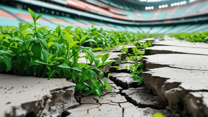 abandoned stadium view. Overgrown greenery cracks the surface of an empty stadium, symbolizing nature reclaiming urban spaces.