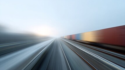 Speeding freight train blurs past in a foggy dawn, whispering whispers of Trans-Siberian Daydreams and Velocity Solstice