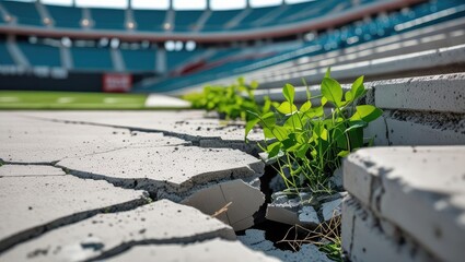 abandoned stadium view. Cracked stadium floor with green plants emerging, showcasing nature's resilience in an urban environment.