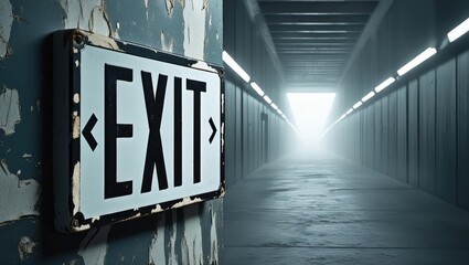 abandoned stadium view. A dimly lit corridor leads to a bright exit, with an illuminated sign indicating the way out, creating a sense of escape and hope.