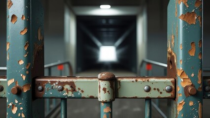 abandoned stadium view. Rusty gate leading to a bright tunnel, creating a contrast between decay and light, suggests themes of transition and change.