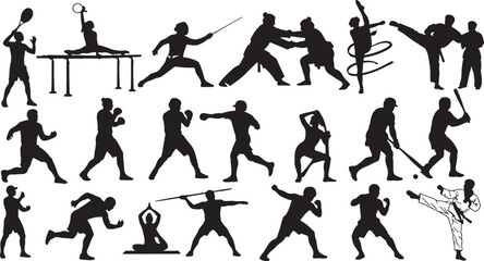 Diverse athletes performing various sports and martial arts, sports, athletes, martial arts, tennis, gymnastics, fencing, judo, karate, boxing, baseball, hockey, javelin, yoga, action, silhouettes, dy