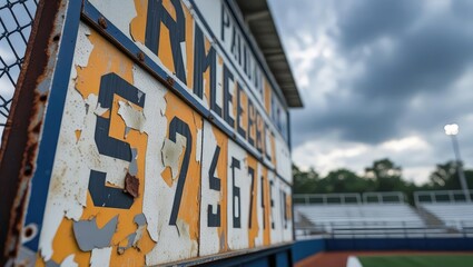 abandoned stadium view. Vintage scoreboard at a baseball field with peeling paint and cloudy sky in the background.