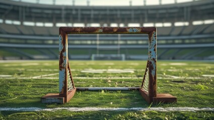 abandoned stadium view. Rusty goalpost in an empty stadium, surrounded by a grassy field, capturing the essence of sports and competition.