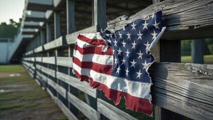 abandoned stadium view. A weathered American flag styled as the shape of Louisiana hangs on a wooden fence, highlighting regional pride and rustic charm.