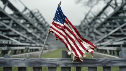 abandoned stadium view. A tattered American flag stands prominently in an empty stadium, symbolizing resilience and patriotism amidst the surrounding structure.