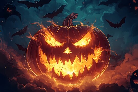 Grinning pumpkin with sharp teeth and glowing fire inside, surrounded by bats and eerie shadows, bold Halloween text in smoke 