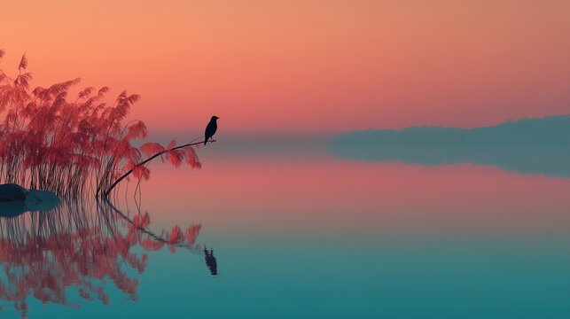 Minimalist Zen Landscape - Solitary Bird on Red Branch at Dusk for Meditative Decor