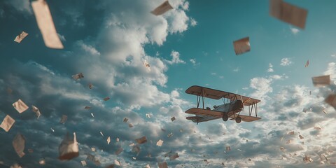 A vintage biplane soars through a cloudy sky, scattering letters, symbolizing the romance of airmail and the spirit of adventure
