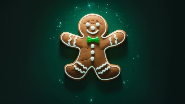 Gingerbread man cookie floats rotating on sparkling green background