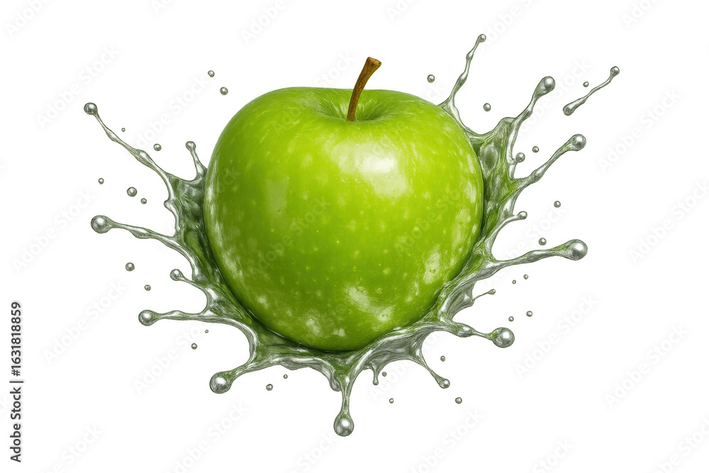 Poster green apple dropping into shimmering silver liquid, creating dynamic splash with crisp, refreshing b
