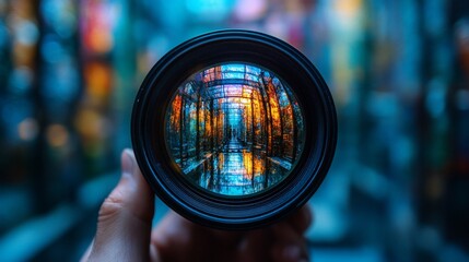Focus on vibrant city reflections seen through a lens. Hand holds the camera, capturing the colorful street scenes