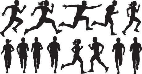 Male and female runners in motion running athletes, running, runners, athletes, sport, fitness, action, motion, silhouettes, black and white, people, race, competition, track and field, marathon, spri
