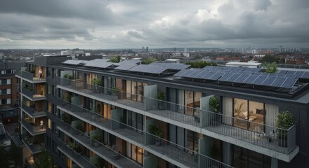 Modern apartment building with rooftop solar panels in an urban setting.