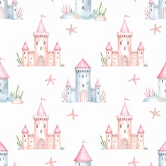 Naklejka premium Underwater kingdom featuring coral castles and gentle watercolor sea creatures, creating a dreamy, vibrant aquatic world full of life and soft pastel hues. 