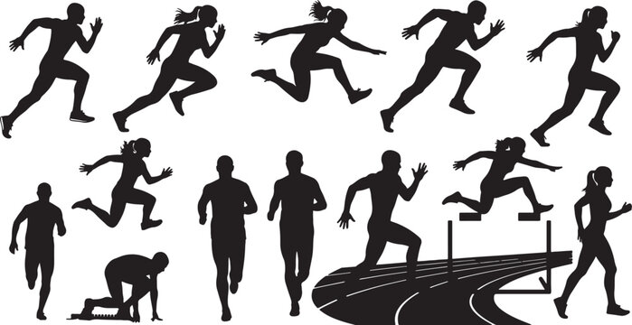Runners in motion on track and hurdles running athletes, runners, running, athletes, track, hurdles, sprinting, jumping, competition, sports, action, silhouettes, black and white, dynamic, speed, athl