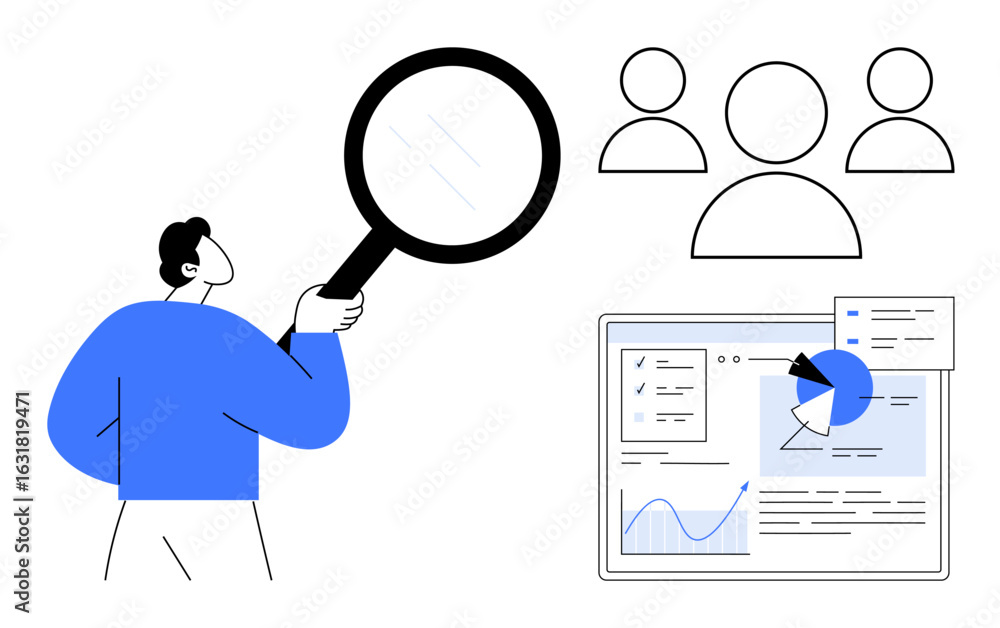 Poster person with magnifying glass reviewing analysis on a screen with data charts, profiles, and graphs. 